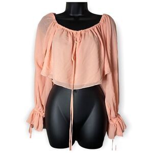 Nbd Anastasia Long Sleeve Sheer Pink Blush Drawstrings Crop Top